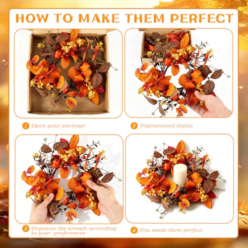 Image of 6 PCS Fall Candle Ring Wreaths Artificial Autumn Eucalyptus Candle Wreath with Leaves Berries Flowers Thanksgiving Farmhouse Harvest Wreath Candle Holder for Pillar Candles Table Centerpiece Decor
