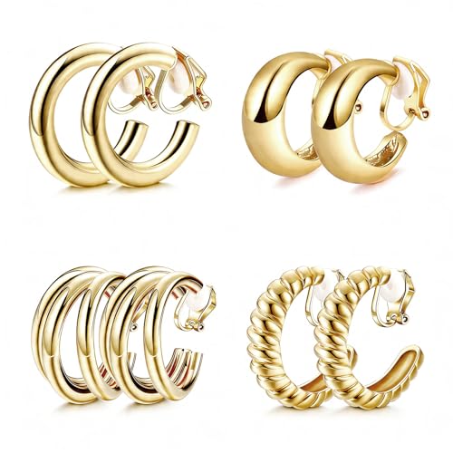 4 pares aretes clip on oro, ligeros para mujer