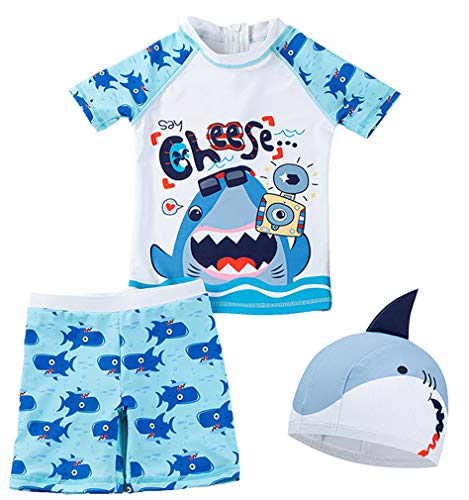 Baby Boys Kids Two Piece Swimsuits Rash Guard Shark Bathing Suit Short Sleeve Swimwear Sets with Hat UPF 50+ FBA (Shark-A, 5 T)