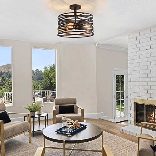 Buxvrcs Industrial Semi Flush Mount Ceiling Light, 3-Light Vintage Black Chandelier, Rustic Metal Cage Hanging Light Fixtures For Living Room Bedroom Hallway Bathroom Kitchen Entryway Island E26 Base #TOP5