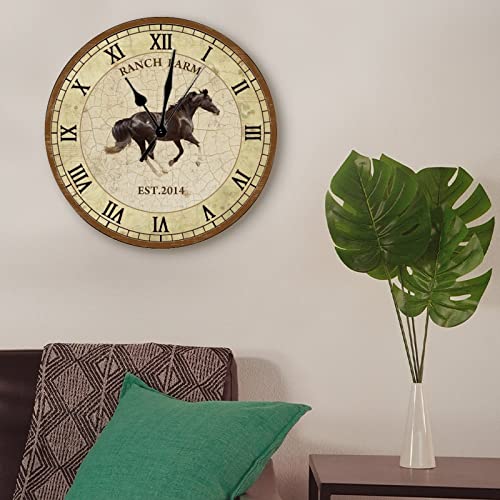 Farmhouse Black Horse Lodge Wall Clock Ranch Farm Date Customized Wall Clock 15 Inch Large Wall Clocks Battery Operated Silent Antique Vintage Home Decor For Living Room Kitchen Bedroom Office #TOP1