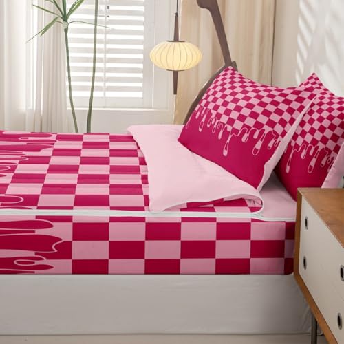 Image of Hot Pink Checkered Zipper Bedding Queen Checkerboard Drip Zip Up Bedding Set for Boys Kids,Cool Aesthetic Modern Geometric Bed in a Bag Comforter with Fitted Sheet and 2 Pillowcases Y2K Room Decor