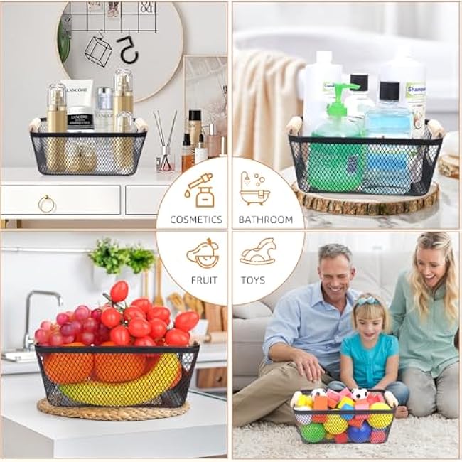 Dualshine 6Pack Black Wire Basket with Wooden Handle, Metal Mesh Storage Bins for Pantry, Kitchen, Bathroom, Office Organization