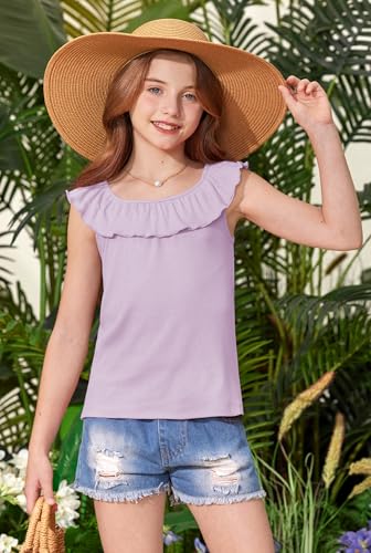 Image of BesserBay Girls Summer Ruffle Trim Square Neck Knit Ribbed Tank Top Cute Strechy Sleeveless Trendy Tee Shirt 5-14 Years
