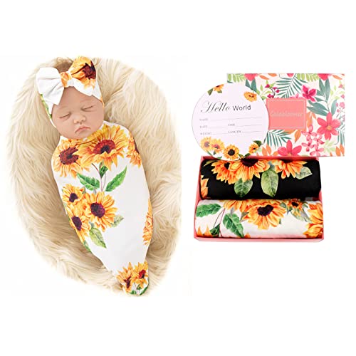 Image of Galabloomer Receiving Blanket Headband Set Flower Print Baby Swaddle Blankets Sunflower