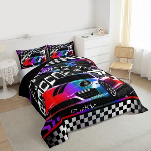 Image of Feelyou Purple Race Car Bedding Set - Queen Size Comforter Set with 2 Pillowcases, Geometric Checkered Pattern, Inner Fill Duvet Set