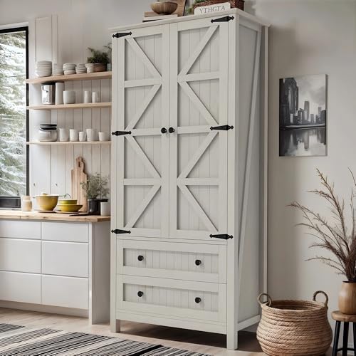 DWVO 64.5" H Kitchen Pantry Cabinet, Storage Cabinet with Barn Doors, 2 Drawers and Adjustable Shelves, Farmhouse Cupboard for Dining Room, Living Room, Bathroom, Off White