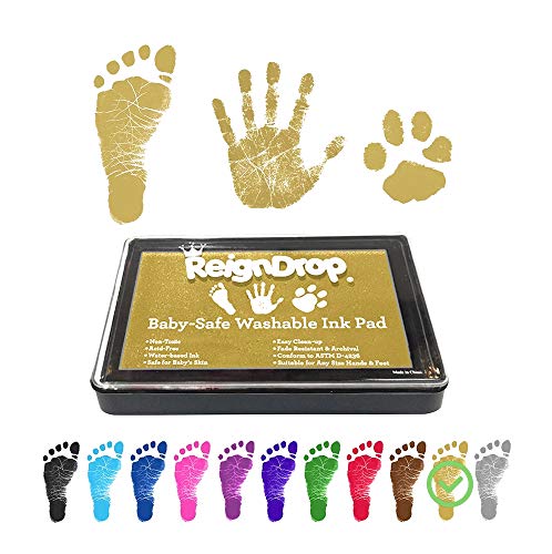 ReignDrop Ink Pad For Baby Footprint, Handprint, Create Impressive Keepsake Stamp, Non-Toxic and Acid-Free Ink, Easy To Wipe and Wash Off Skin, Smudge Proof, Long Lasting Keepsakes (Glitter Gold)