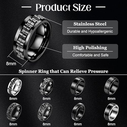 8Pcs Stainless Steel Spinner Rings for Men Women Black Fidget Rings for Anxiety Relief Band Rings Cool Chain Fashion Ring Set Size 7-134