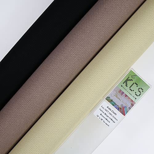 Image of KCS 3 pc of 15 inch x 18 inch Counted Cross Stitch Cotton Aida Cloth Needlework Fabric,14CT,Yellow Beige it+Beige Brown+Black