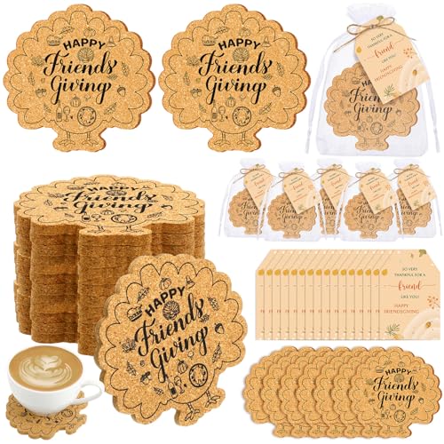 Hushee 12 Sets Friendsgiving Gifts Bulk Friendsgiving Cork Coasters Thanksgiving Cork Coaster Leaf Coaster with Thank You Cards and Organza Bag Thanksgiving Autumn Fall Party Favors (Maple Turkey)