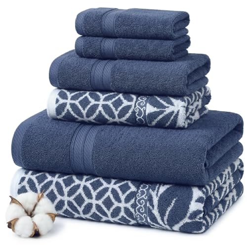 Image of Modern Threads 6 Piece Bath Towel Set - Bathroom Set with 2 Bath Towels, 2 Hand Towels, and 2 Wash Cloths - 100% Cotton, Super Absorbent & Extra Soft - Reversible Botanical Vine (Navy)