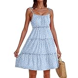 Muslimische Kleider Damen Spaghetti Mit Taschen Maxikleid a Linien Kleid Damen Sommer Stylischer Beach Dress Maxikleid Knielang Strandkleider Für Frauen Ab 50 Lang Strandkleider(1-Sky Blue,L)