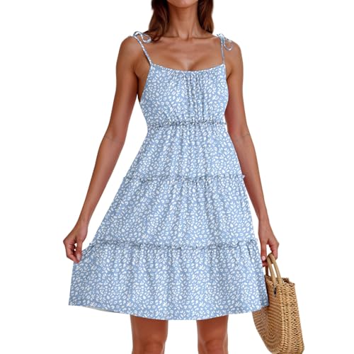 Blue Floral Mini Dresses for Women Spaghetti Strap Squae Neck A Line Skater Dress Tiered Ruffle Flowy Boho Sun Dress Flowy Cute Sleeveless Sundress Spring Dresses for Women 2025 Vacation