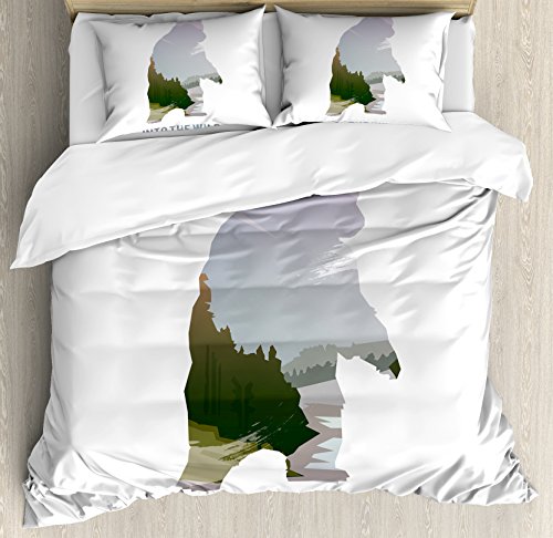 Ambesonne Cabin Duvet Cover Set, Wild Animals of Canada Survival in The Wild Theme Hunting Camping Trip Hobby Outdoors, Decorative 3 Piece Bedding Set with 2 Pillow Shams, Queen Size, Olive Green