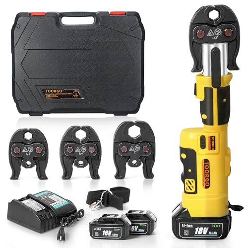 TOORGO Pro Press Tool Electric Pipe Crimping Tool with 1/2 3/4 1 Pro Press Jaws 2 pcs Battery Fast Charger & Carrying Case Tool Press for Stainless Steel Copper PEX Tubes Yellow