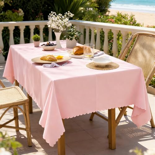Image of Oigco 3 Pack Pink Plastic Tablecloth - 54 inch x 108 inch Light Pink Rectangle Disposable Scalloped Table Cloth, Pastel Plastic Cover for Birthday, Baby Shower, Wedding, Pink Party Decorations