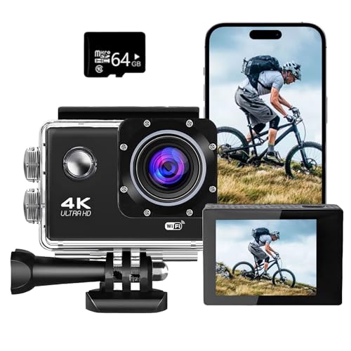 Action Cam, 4K30FPS 20MP actionkameras mit 64GB Karte, 40M Unterwasserkamera Wasserdicht Ultra HD Touchscreen 170 ° Weitwinkel, EIS Stabilisierung, WiFi Actioncam für Fahrrad, Schnorcheln, Motorrad