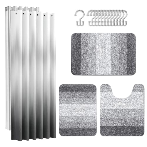 Britimes Grey Stripes Bathroom Sets with Shower Curtain and Rugs Ombre Modern Abstract Vintage Waterproof Shower Curtain Liner and Soft Non Slip Bath Mat for Bathroom Decor and Accessories Hooks