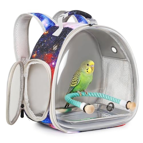 Image of Small Bird Travel Carrier Backpack for Parakeet, Budgies, Cockatiel, Conure, with Clear Windows, Galaxy Print