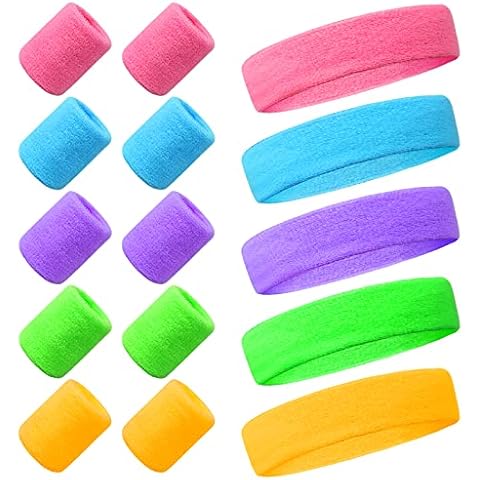 15 Stück Schweissband Set 80er Neon Schweissband Handgelenk Stirnband Sport Elastisch mit 10 Stück Armbänder für Damen Herren Basketball Tennis Fitnessstudio Karneval Cover