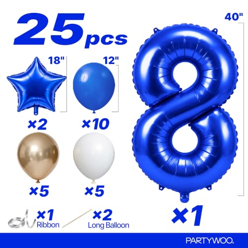 Image of PartyWoo Royal Blue Number 8 Balloon 40 Inch 25pcs Blue Star White Gold