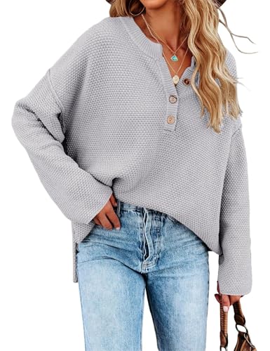 Women Oversized Sweaters V Neck Long Sleeve Tops Quarter Button Up Pullover Business Casual Clothing