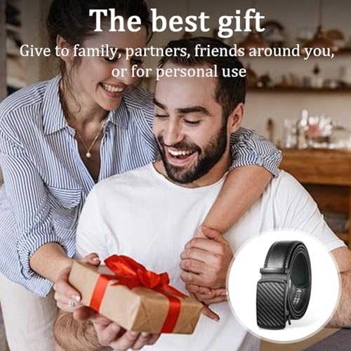 Image of GUSTAVE Leather Belt for Men Formal Belts for Man, Mens Fashion Casual Business Black Belt for Men Jeans, Auto-Lock Gold Metal Buckle, 130cm /51'' Length, No Punch Hole