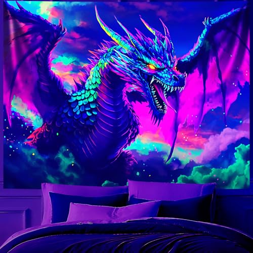 BVBOX Blacklight Tapestry,Animal Tapestry Glow In The Dark,UV Reactive Black Light Upright Posters Wall Hanging for Bedroom Dorm Living Room Backdrop Decor (Dragon, 79L x 59W)