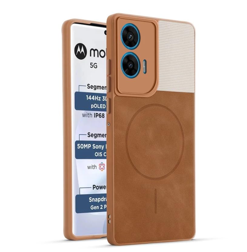Image of Bintage CASE Mac Safe Design Hard Light Weight Back Case | Soft Border Camera Protect | Dual PU Leather Finish Back Cover Compatible for Motorola Moto G85 5G - White & Brown