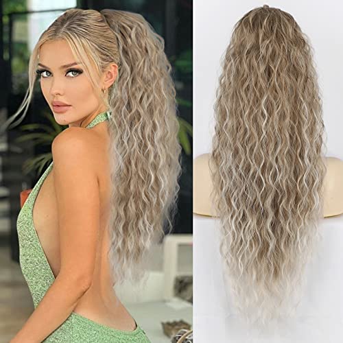 CHRSHN Long Curly Drawstring Ponytail Extension for Women 26 Inch Ponytail Hair Extensions Synthetic Clip in Ponytail Hair Extensions for Daily Use(ombre brown blonde)