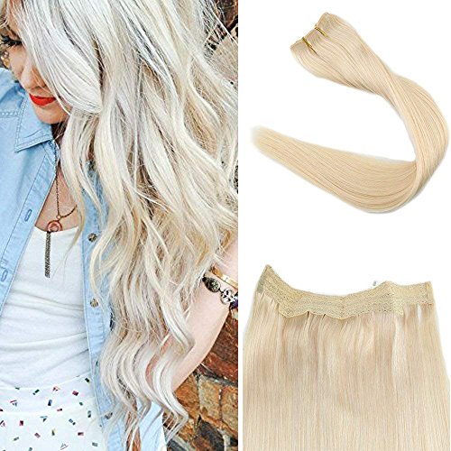 [Promotion]Full Shine 14 inch Color #60 Light Blonde No Clips Flip Extensions Remy Human Hair No Glue Invisible Fish Wire Hair One Piece Fish