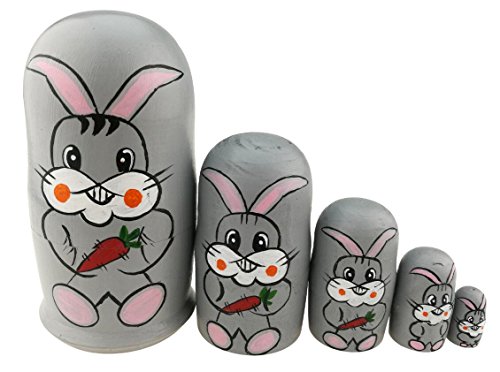Winterworm Cute Grey Rabbit Holding Carrot Handmade Wooden Russian Nesting Dolls Matryoshka Dolls Set 5 Pieces for Kids Toy Birthday Easter Gift Decoration