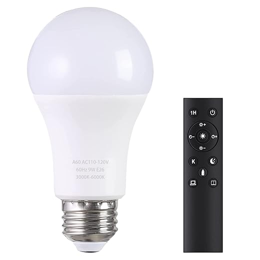 A19 LED Light Bulbs with Remote Control, 800LM 9W (60W Equivalent) LED Bulbs,Stepless Dimmable 3000K-6000K,E26 Base,CRI 80+,2.4GHz,25000+ Hours Lifespan,Light Bulb for Home Decor,1Bulb & Remote