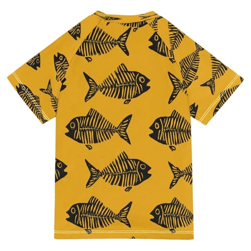 Boys Short Sleeve T-Shirts Fish Bones Yellow Pattern Rashguard Kids Swim Shirts Sun UPF 50+2
