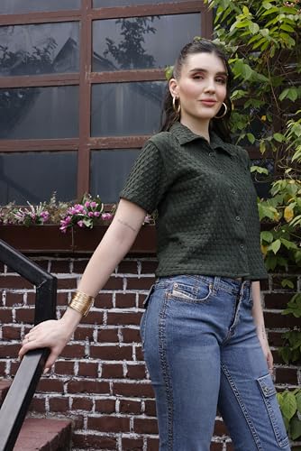 Image of Zilcon Women's Textured Polo Collar Shirt | Short Sleeve Button-Down Casual Crop Top | Soft Stretch Everyday Fashion Shirt