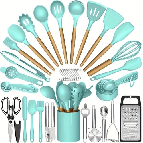 MORLU 調理器具 セットシリコン製 キッチンツールセット 一人暮らし 台所用品 新居祝い 耐熱 耐久性ハンドル 和洋中料理に適用 抗菌 傷つかない フライ返しスパチュラセット - 最高のキッチンツール、便利な鍋やフライパンアクセサリー (ミントグリーン