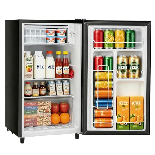 Mini Fridge with Freezer, 3.2 Cu.Ft Compact Single Door Refrigerator with Adjustable Thermostat, Low Noise & Energy Efficient (0.41kWh/Day), Small Fridge for Bedroom, Dorm, Office, Apartment (Black)