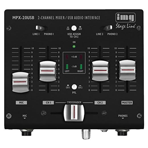 IMG - Mesa de mezclas de DJ Stageline Mpx-20usb estéreo, 3 canales, interfaz USB, consola de audio con interfaz de audio USB, consola de mezclas con carcasa de metal estable y compacta, color negro