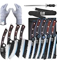 XYJ Set Di Coltelli Da Cucina Professionali: Lama Forgiata In Acciaio Al Carbonio, Design Ergonomico Con Anello Blu, Set Con Mannaia, Nakiri E Coltello Chef