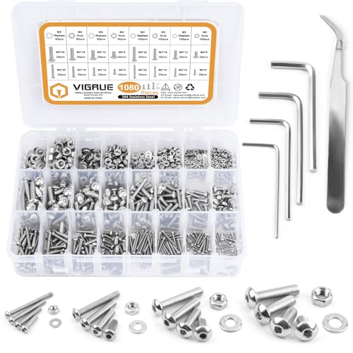 VIGRUE 1080PCS M2 M3 M4 M5 Schrauben Set A2-70 Edelstahl-Sechskopf-Knopf Schraube Edelstahlschrauben Innensechskant Maschinenschrauben Muttern und Unterlegscheiben Sortiment mit Schraubenschlüssel