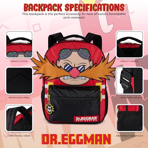 Image of AI ACCESSORY INNOVATIONS Sonic The Hedgehog Backpack for Boys & Girls, Dr. Eggman Big Face 16 Inch Schoolbag with Dr. Eggman Rubber Molded Dangle