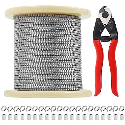 Jayzod Wire Rope 1/8” Stainless Steel Cable with Cutter,165FT Aircraft Cable 7X7 Strands Construction with 20pcs Crimping Sleeves,20pcs Thimbles for Decking Railings Stair
