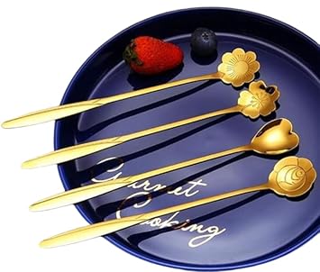 Desert Spoon 4 Set, Long Handle, Different Flower Shape Stirring Golden Spoons, Stainless Steel Reusable Teaspoons, Cute Coffee Tea Spoon Set for Cutlery Kitchen