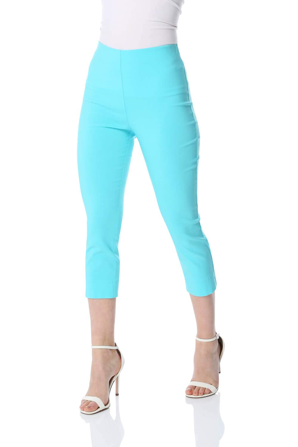 Roman Women's Turquoise Cropped Stretch Trouser Capri Summer Leggings 3/4 Pedal Pushers In | Size: 18