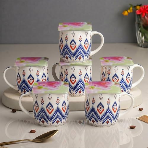 Image of U.P.C. Premium Bone China Ceramic Coffee Mug Set of 6 with 6 Coasters | Designer Tea & Coffee Cups |Printed Ceramic Mug Set | Tea Cups for Home,Office.
