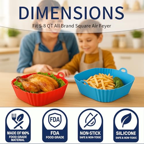 9 Inch Large Air Fryer Silicone Liners - 2 PCS Square Reusable AirFryer Basket Liners for 5-8QT Air fryer, Air fryer Accessories for Baking Roasting Microwave (Red + Blue)