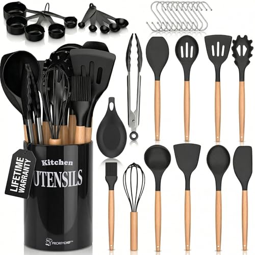 PriorityChef Silicone Cooking Utensil Set with Wooden Handles — Kitchen Utensils for Nonstick and Ceramic Cookware, Heat Resistant up to 446°F, Black