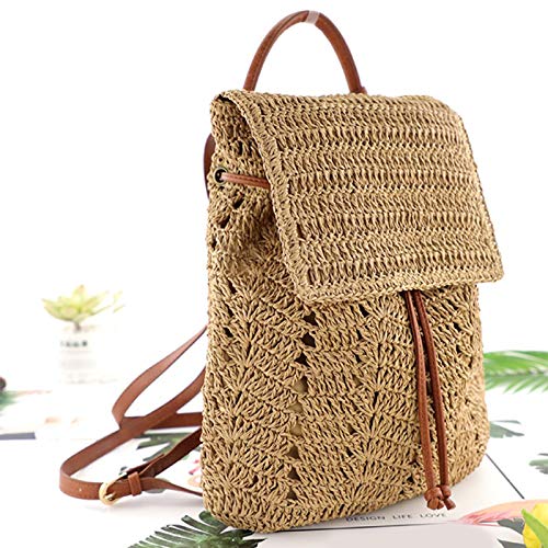 Monique Women Medium Straw Handmade Woven Backpack Flap Drawstring Shoulders Bag Beach Daypack #TOP2