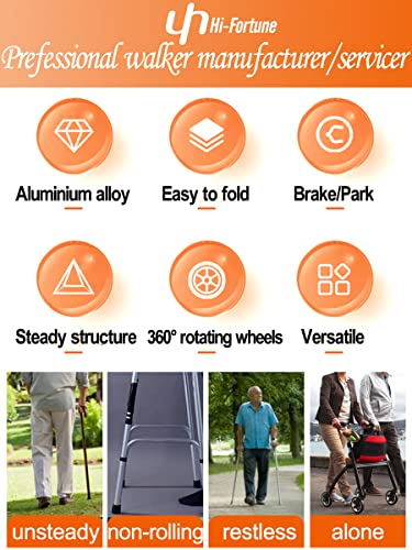 Hi-Fortune Lightweight Rollator Walker For Seniors & Adults With 17"W Seat And Brakes Foldable Portable Rolling Mobility For Indoor Outdoor, 6-Inch Wheels Weight Only 17 Lbs Support 265 Lbs Aluminium #TOP5